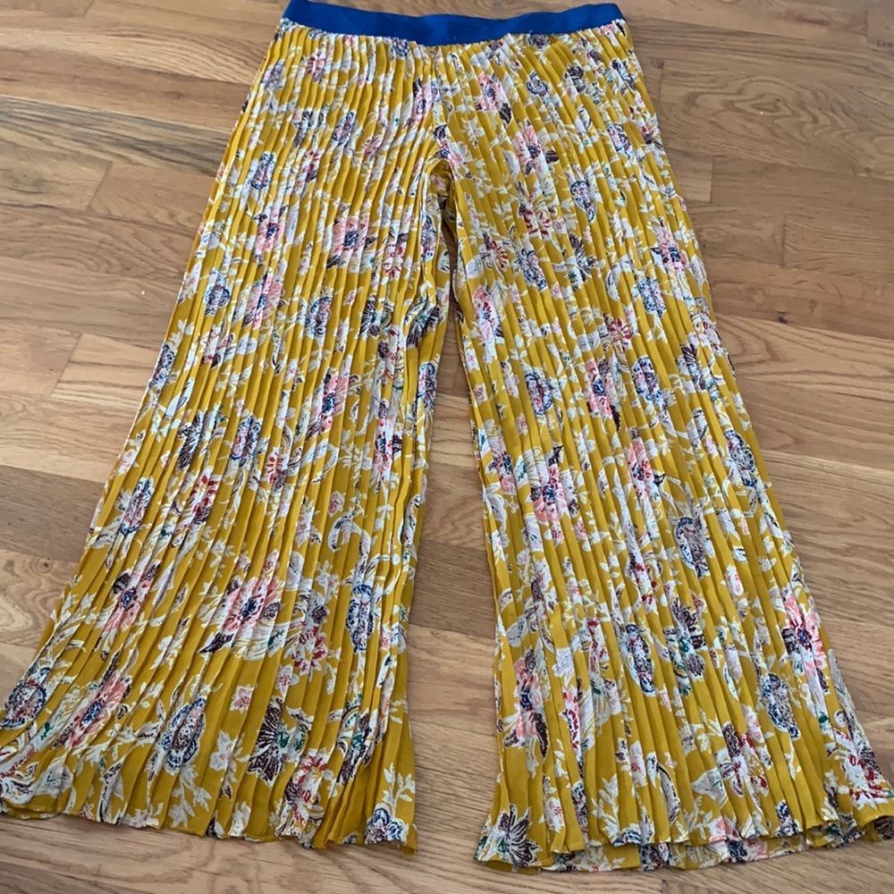 NEW Flint & Moss L Pleated Wide Leg Pants Mustard Yellow Floral Festival Boho